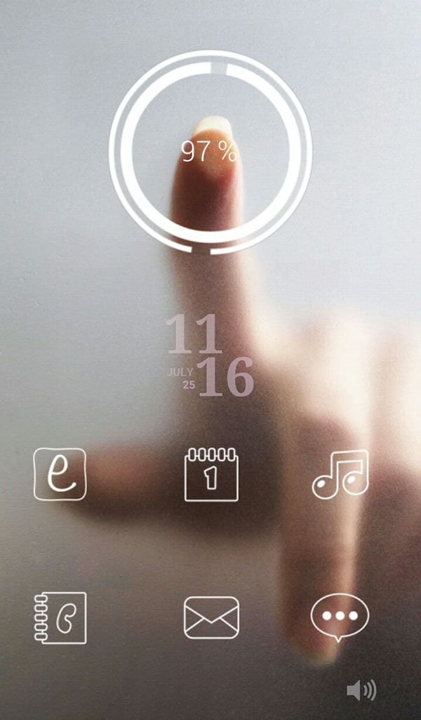 a hand pressing on the touch screen of a cell phone with icons and symbols above it