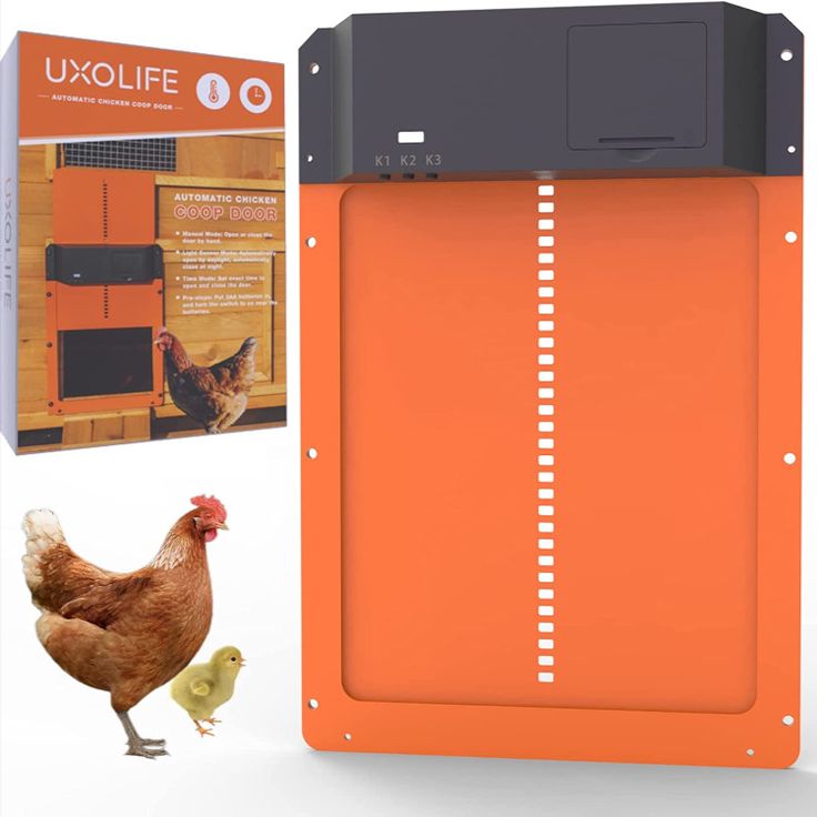 an orange chicken coop with two chickens in front of it and the box next to it