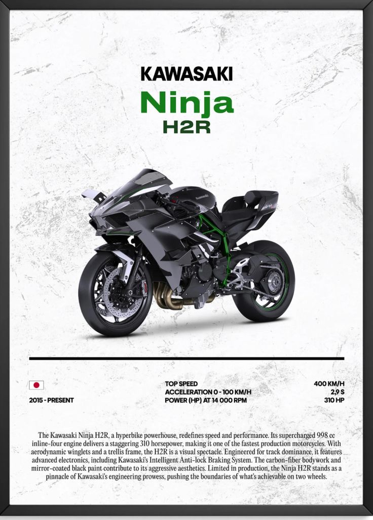 the kawasaki ninja h2r motorcycle is shown in this advertisement for its upcoming model