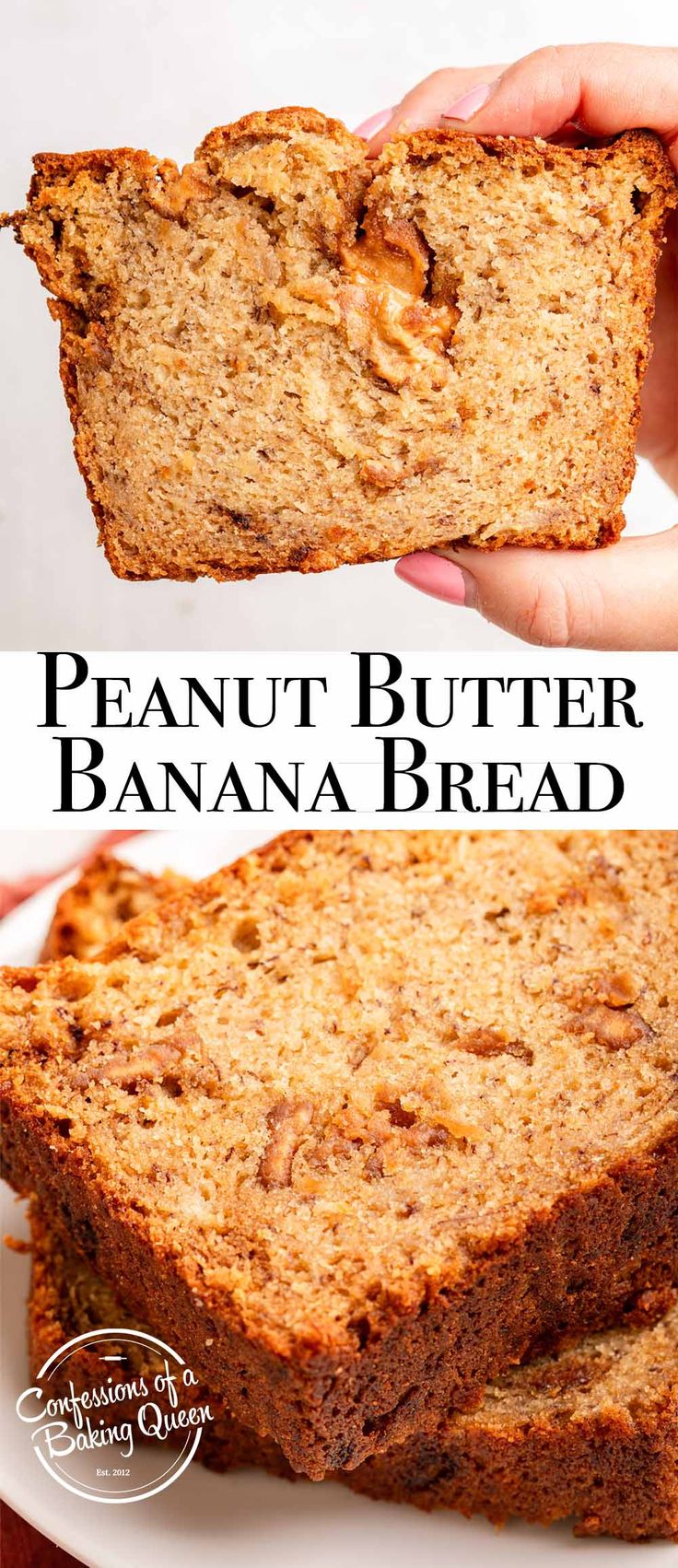 two pictures of peanut butter banana bread on a white plate with the text above it