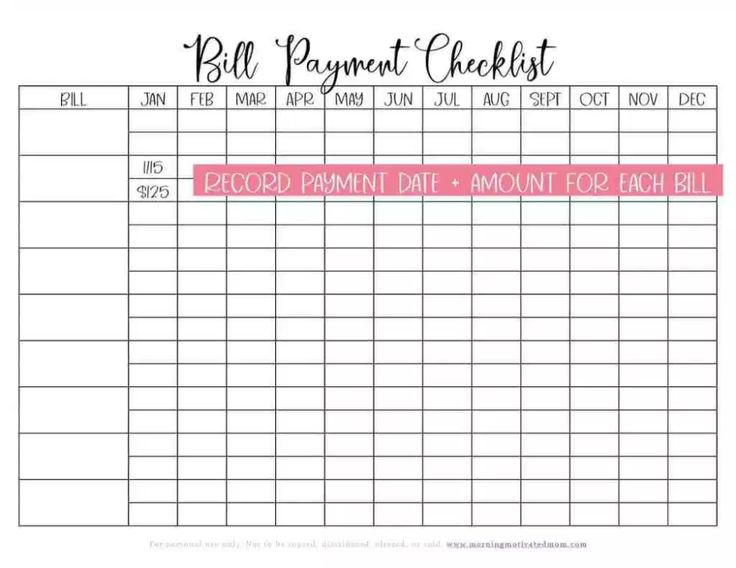 the printable bill payment checklist is shown in pink and black, with an image of