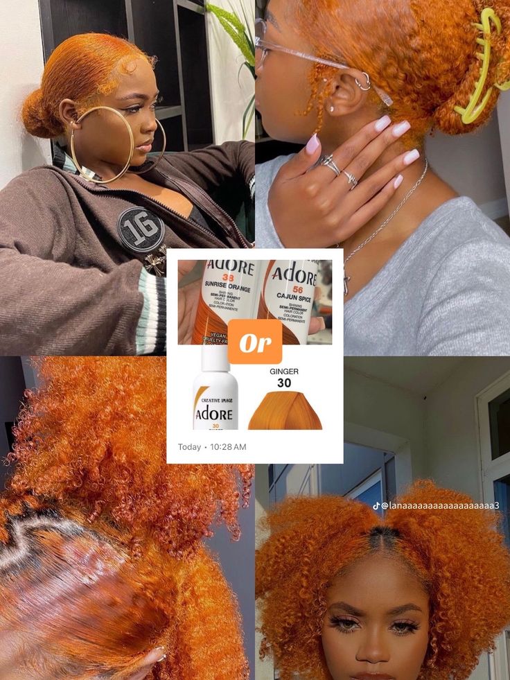 Afro Hair Dye, Curl Tips, Adore Hair Dye, Ginger Hair Dyed, Parting Hair, Dyed Curly Hair, Hair Color Orange, French Curl, Cute Hair Colors