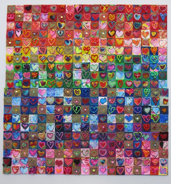 an art work made out of many different colors and shapes, with hearts on them