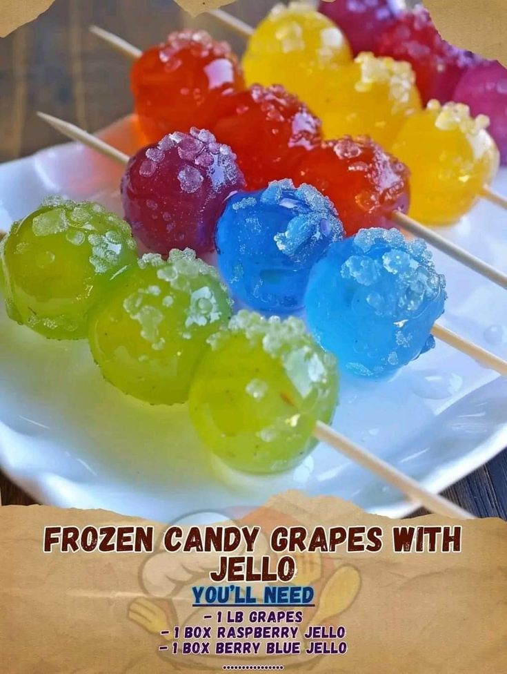 there are jelly candies on a plate with the words frozen candy grapes with jello