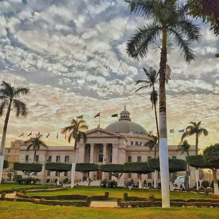 a large building with palm trees in front of it and a sky filled with clouds