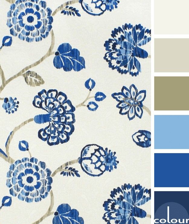 the color scheme is blue and white, with an image of a flower pattern on it