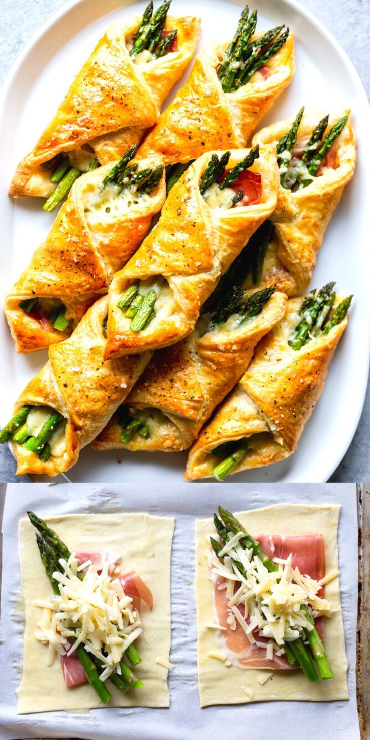 asparagus, prosciutto and cheese pastries on a white plate