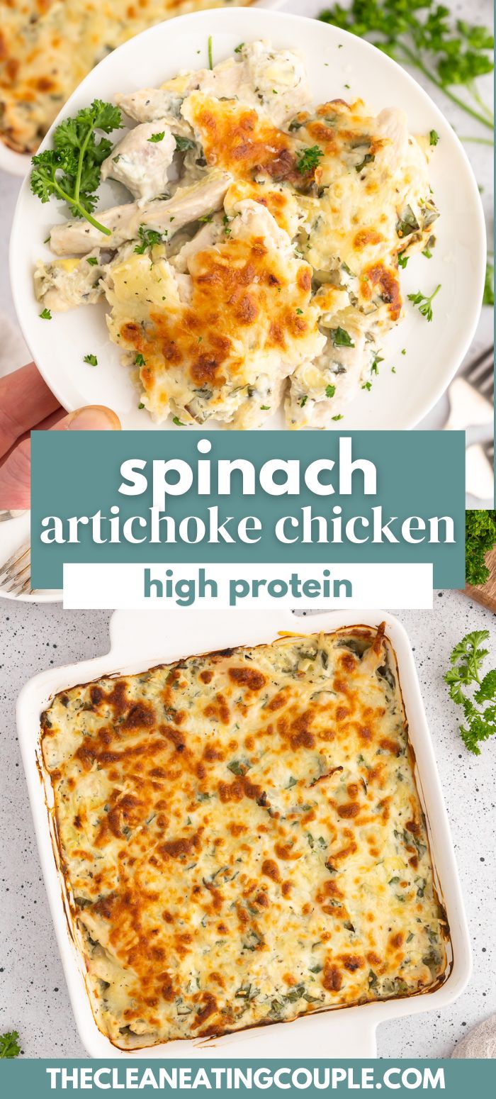 spinach artichoke chicken high protein casserole is an easy weeknight meal