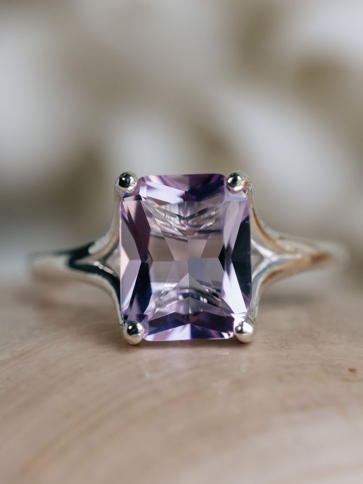 This classic trellis setting contains a beautiful 3.00ct natural Rose De France amethyst. The radiant cut stone measures approximately 10x8mm and the band is 2mm wide. The ring is available in sterling silver, and 14k white, yellow, or rose gold.  This ring makes a unique promise or engagement ring.  Please send me a message if you need a size not listed.  *  This ring can be customized with any color center stone. All items are handmade by me in my shop in Manalapan, NJ.  Please message me with Luxury Amethyst Ring With Prong Setting In Cubic Zirconia, Luxury Silver Amethyst Ring In Platinum, Luxury Silver Amethyst Ring With Precious Stones, Amethyst Ring, Solitaire Ring, White Gold Rings, Or Rose, Fashion Accessories, Amethyst