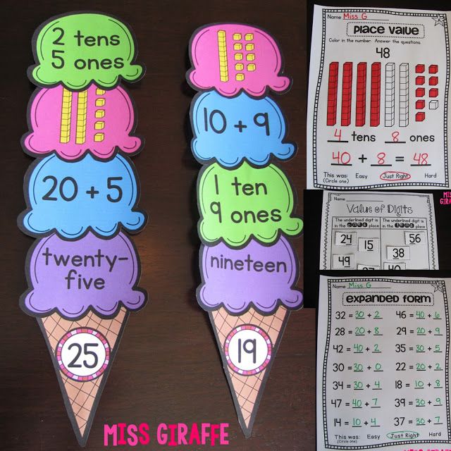 three ice cream cones with numbers on them and two tens to ten cards next to each other