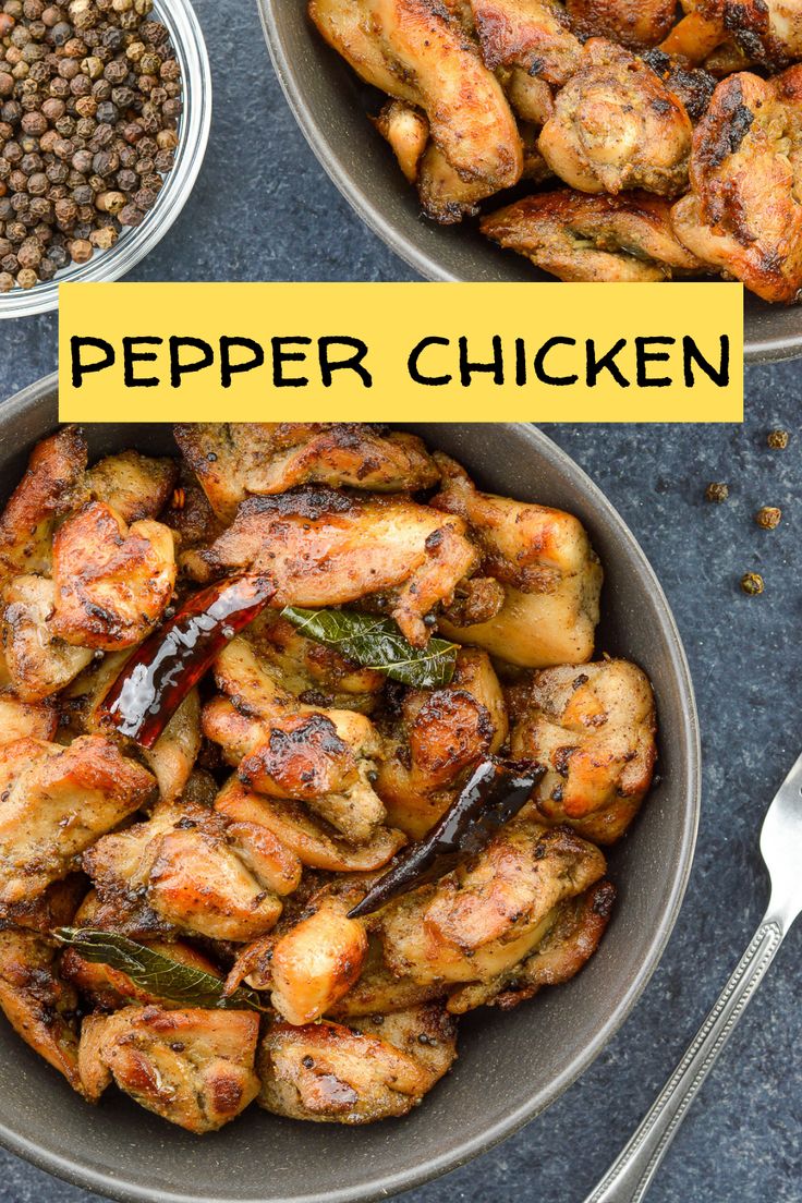 two bowls filled with chicken and spices