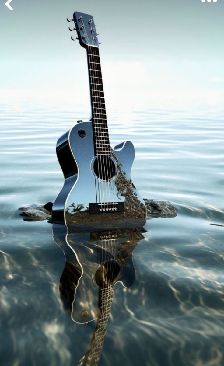 an acoustic guitar floating in the water