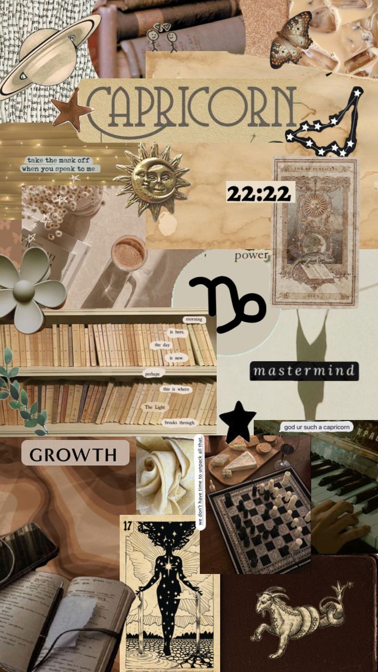 a collage of various items including books and other things in the same photo, with text that reads capricorn