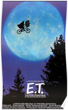 a movie poster for the film e t with trees in front of a full moon