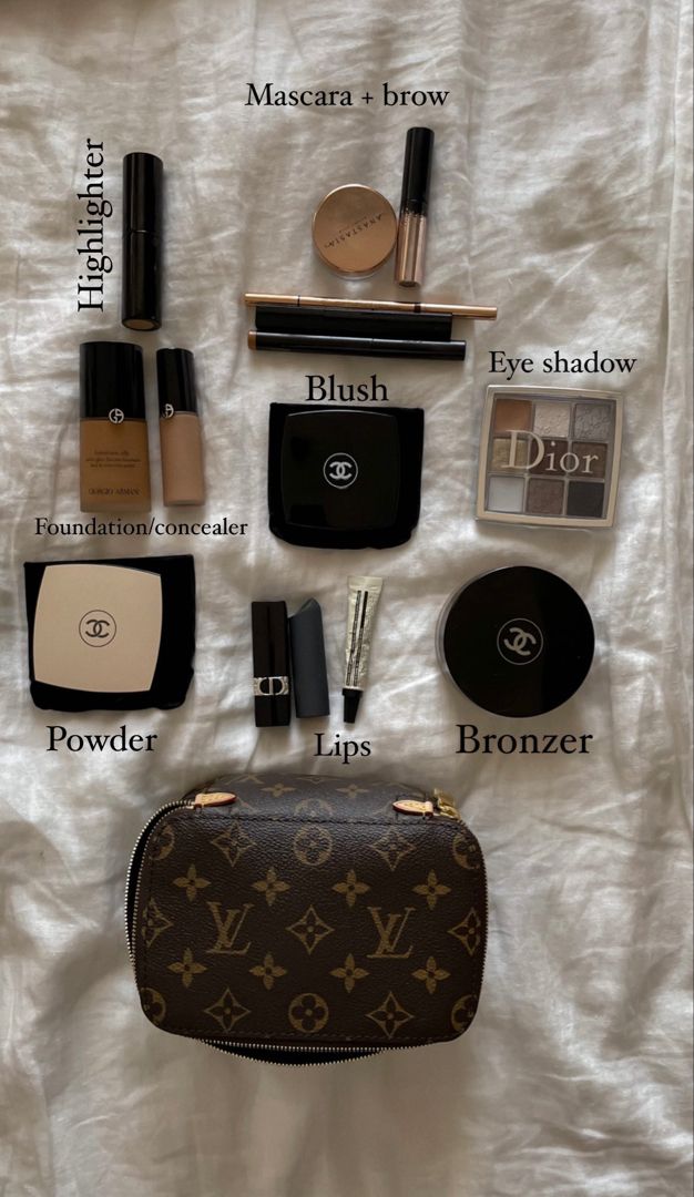 Glowy Makeup Routine, Chanel Bronzer, Armani Foundation, Chanel Powder, Makeup Lip Products, Minimalist Makeup Bag, Chanel Makeup Bag, Channel Makeup, Dior Eyeshadow