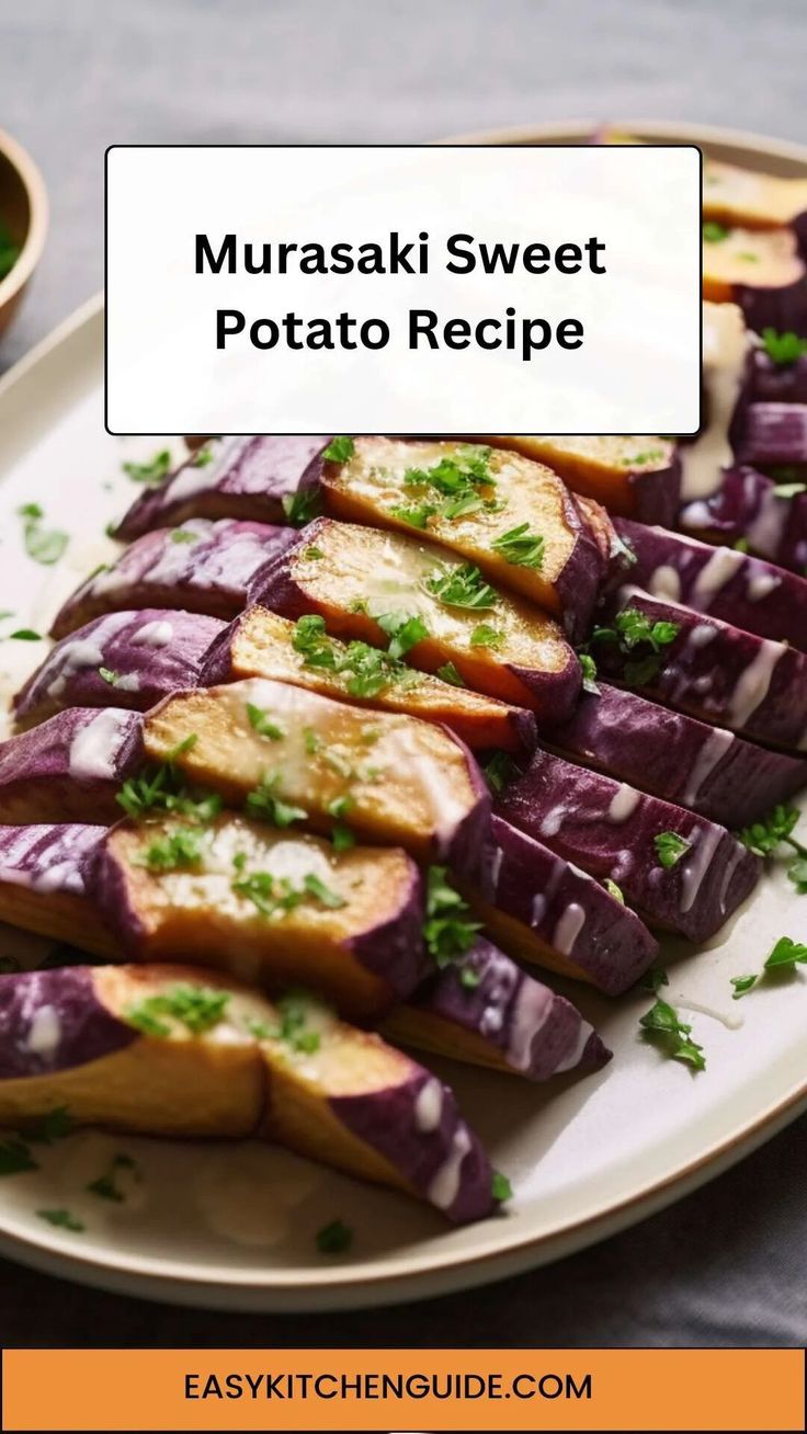 sliced up purple potatoes on a white plate with parsley sprinkled on top