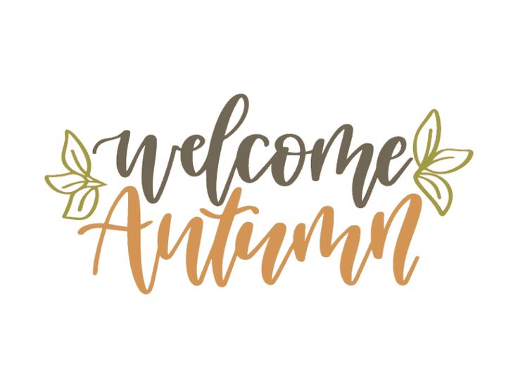 the words welcome autumn written in orange and brown ink on a white background with leaves