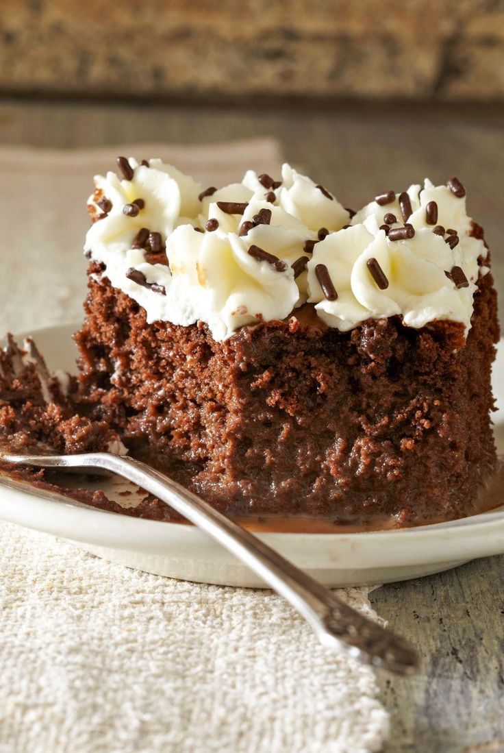 a piece of chocolate cake with whipped cream on top