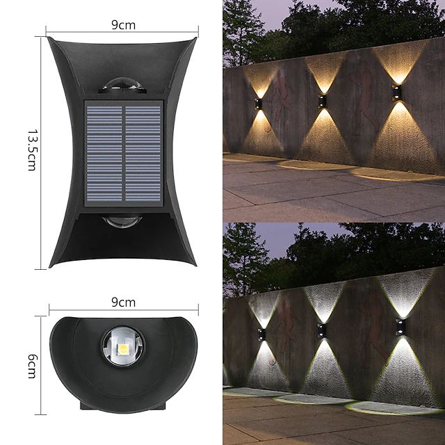 an outdoor wall light is shown next to a fence with lights on the top and bottom