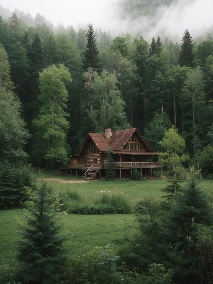 a cabin nestled in the woods on a foggy day