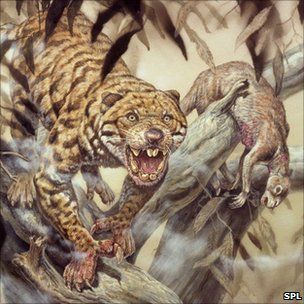 a painting of a tiger attacking another animal on a tree branch with its mouth open