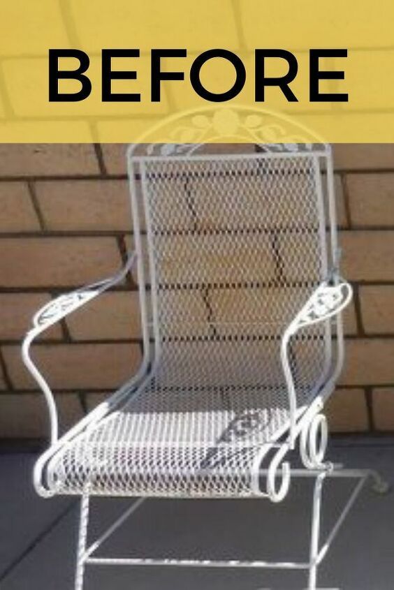 a white metal chair sitting on top of a patio next to a brick wall with the words, before and after