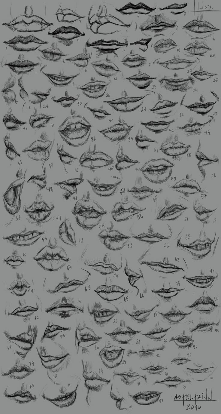 an image of many different types of eyes and mouth shapes, all drawn in black ink