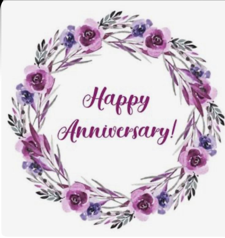 a happy anniversary card with purple flowers and greenery in the center on a white background