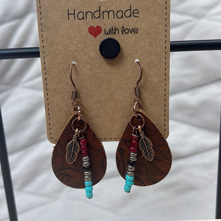 Handmade Tooled Leather Western Earrings Never Worn Leather Earrings With Beads, Diy Leather Earrings, Arrow Earrings, Western Earrings, Leather Crafts, Earring Ideas, Hand Crafted Jewelry, Leather Cross, Tooled Leather