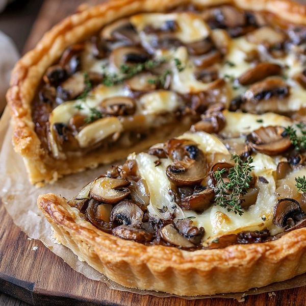 a mushroom and cheese quiche on a cutting board