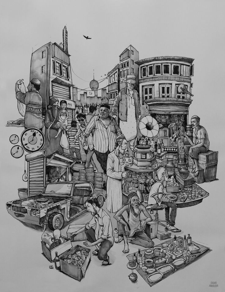 a black and white drawing of people working in an industrial area with many things on the ground