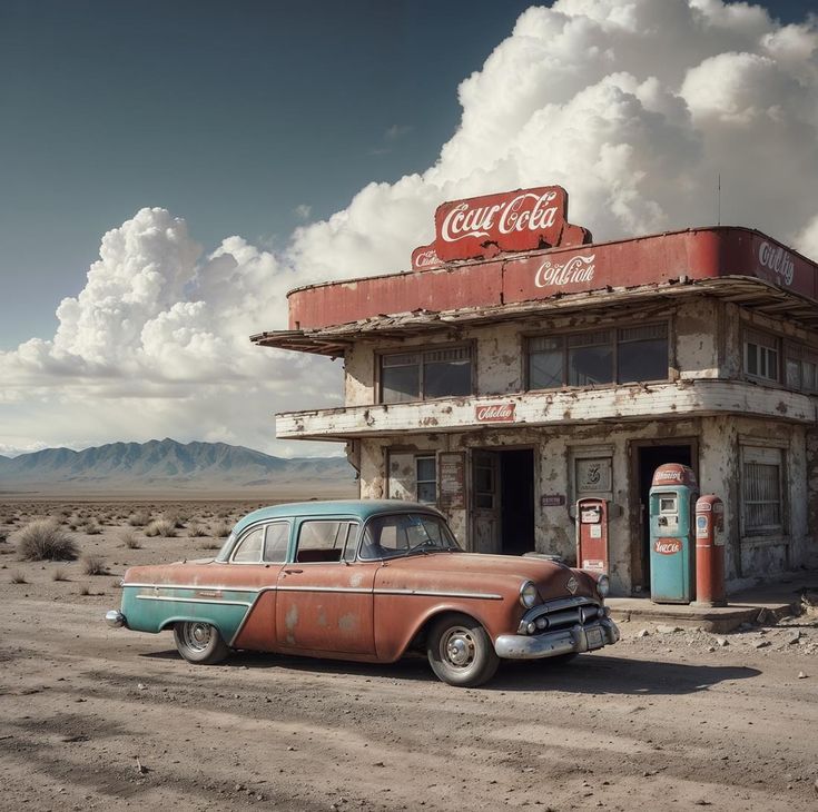 an old car parked in front of a gas station