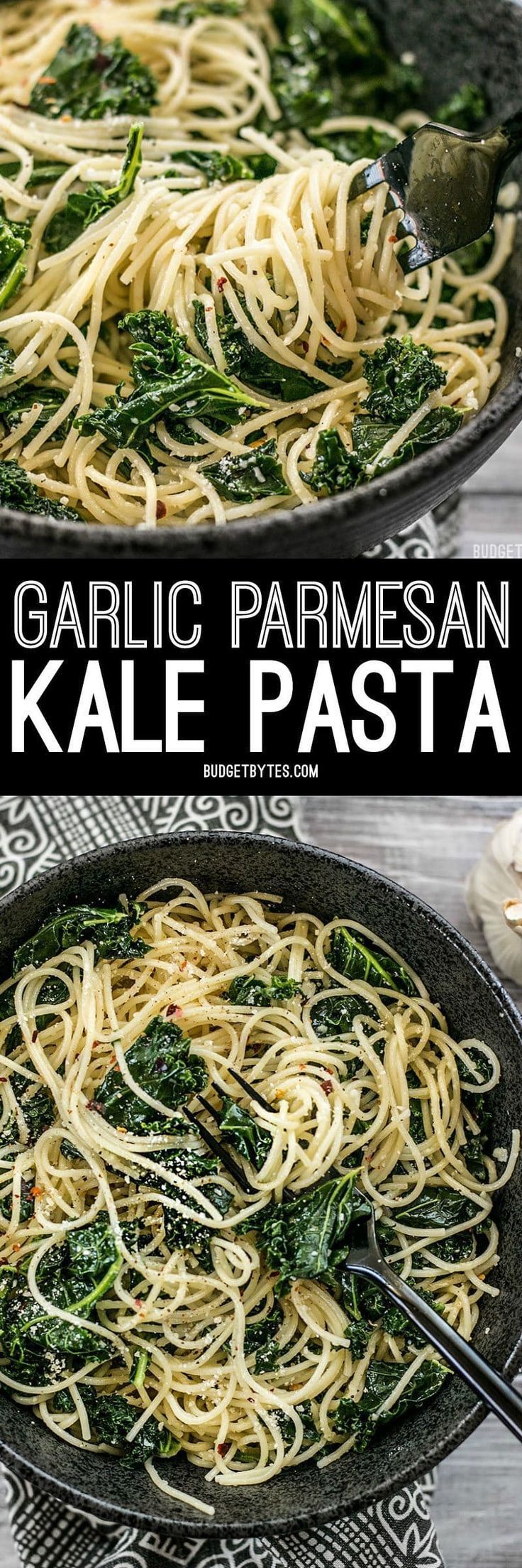 garlic parmesan kale pasta in a skillet