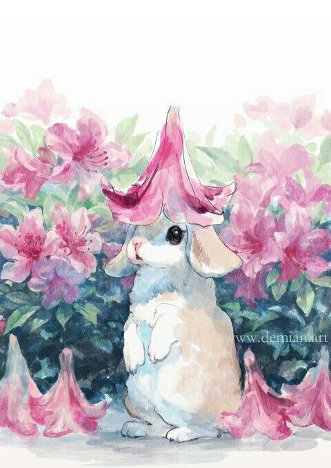 a watercolor painting of a bunny with pink flowers in the background