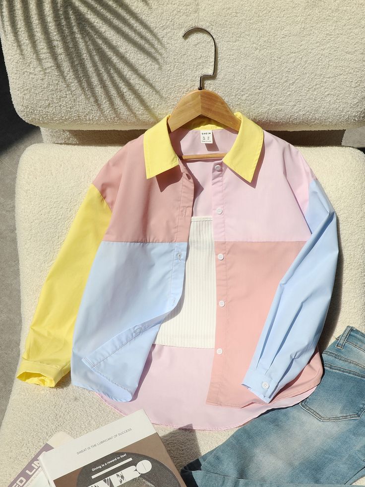 Multicolor Casual Collar Long Sleeve Fabric Colorblock Shirt Embellished Non-Stretch  Girls Clothing Colorful Clothing Aesthetic, T Shirt For Girls Fashion, Colourblock Outfit, Color Block Clothes, Kidcore Aesthetic Fashion, Colorblock Outfits, Cute Pastel Outfits, Pastel Clothes, Pastel Outfits