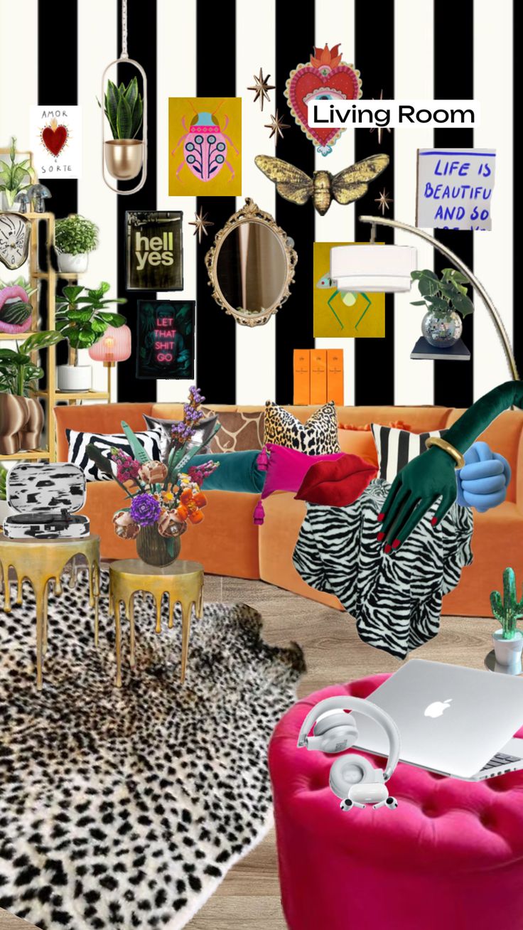 a living room filled with lots of colorful furniture and decorating items on top of zebra print rugs