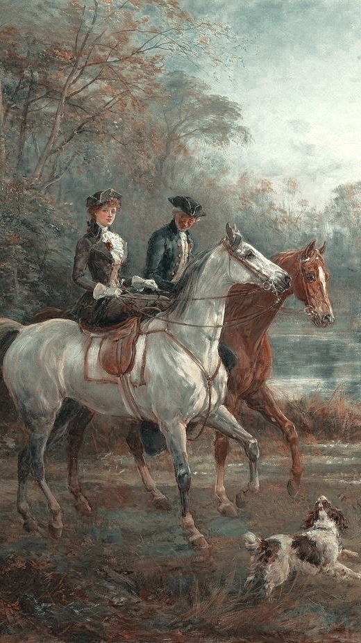 a painting of two people riding horses in a wooded area with a dog on the ground