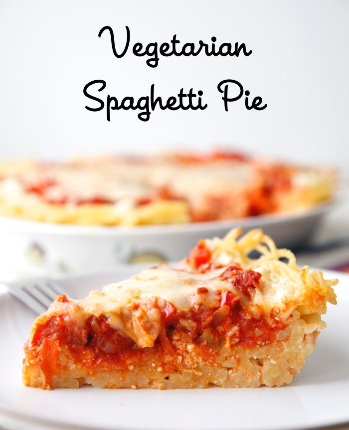 a slice of vegetarian spaghetti pie on a plate