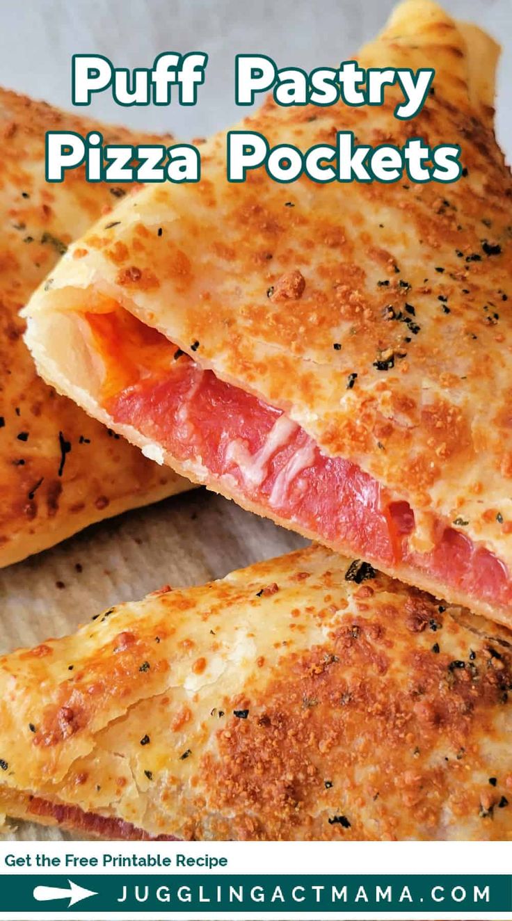 two pieces of pizza sitting on top of a white plate with the words puff pastry pizza pockets