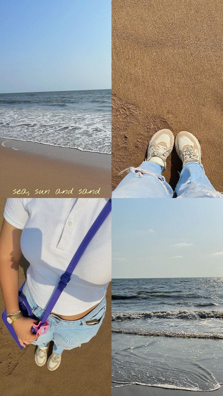 two pictures one with someone's feet in the sand and another with their hand on his hip