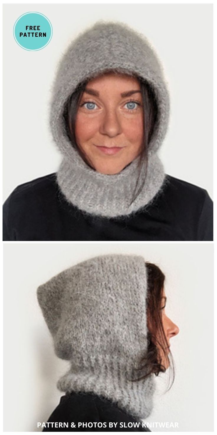 two photos of a woman wearing a gray hat with a hood on her head and another photo of the same person's face