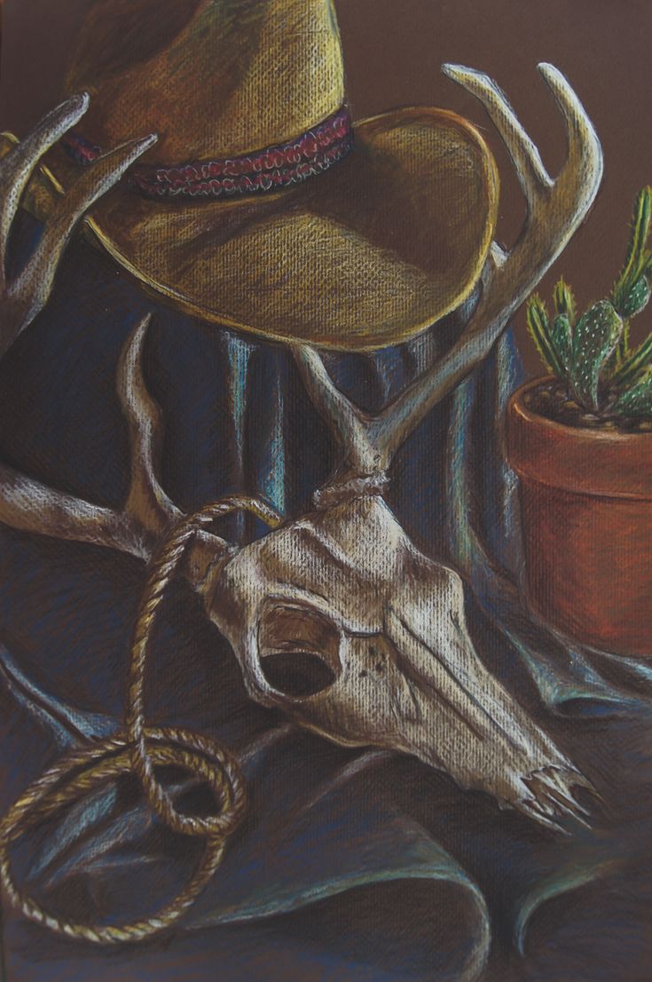 a drawing of a cow skull with a cowboy hat on it's head next to a cactus