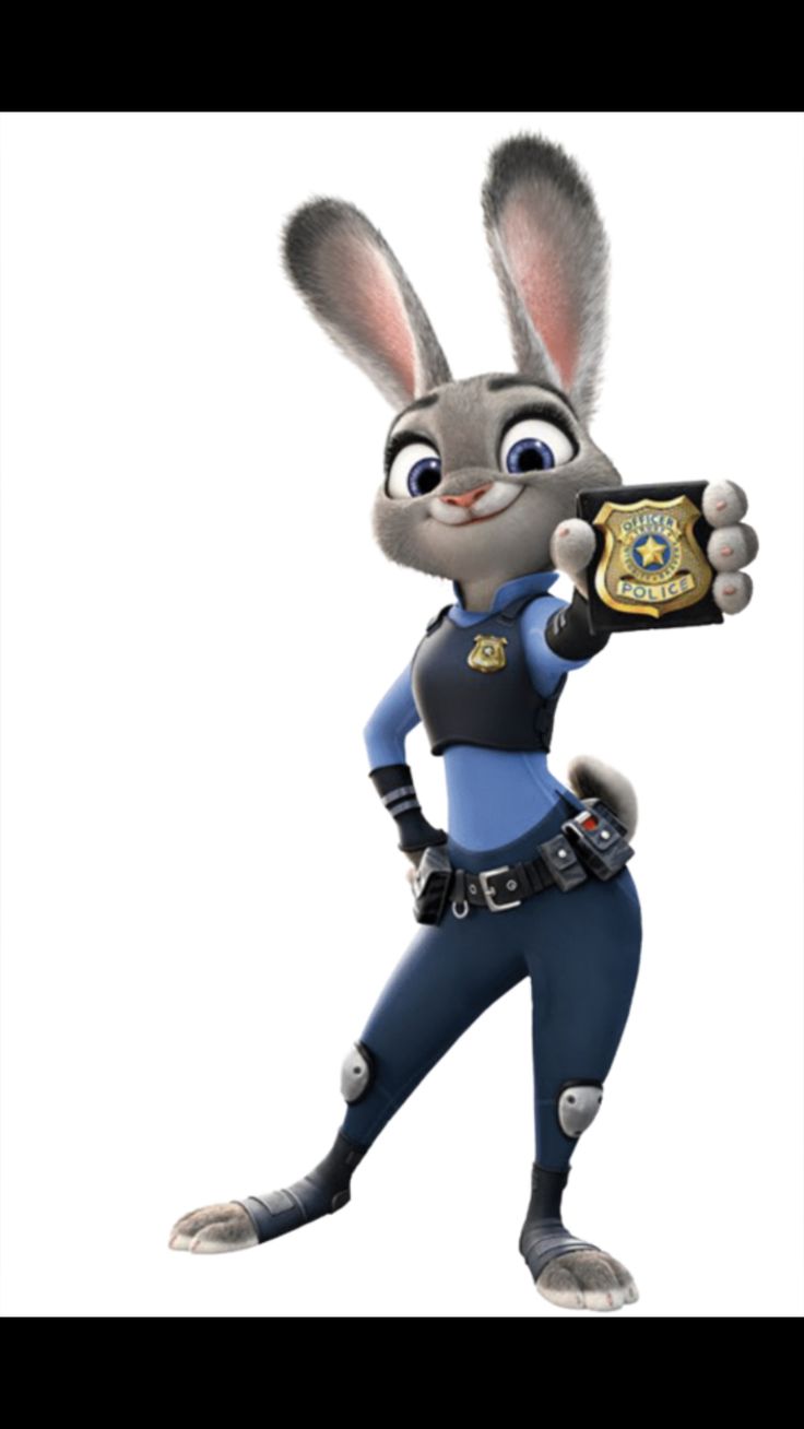 a cartoon rabbit holding a police badge and pointing at it's camera with both hands