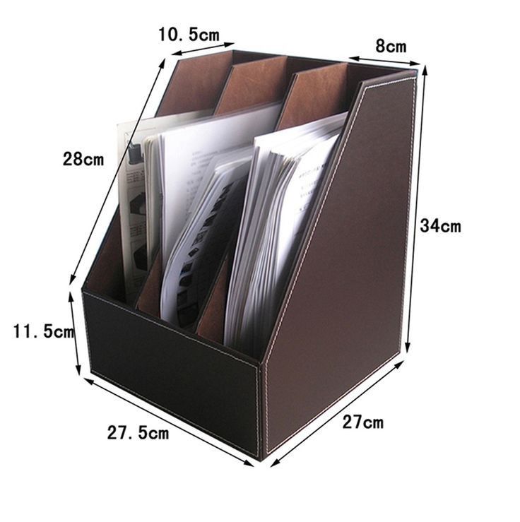 a brown file holder with files in it and measurements for each section on the side