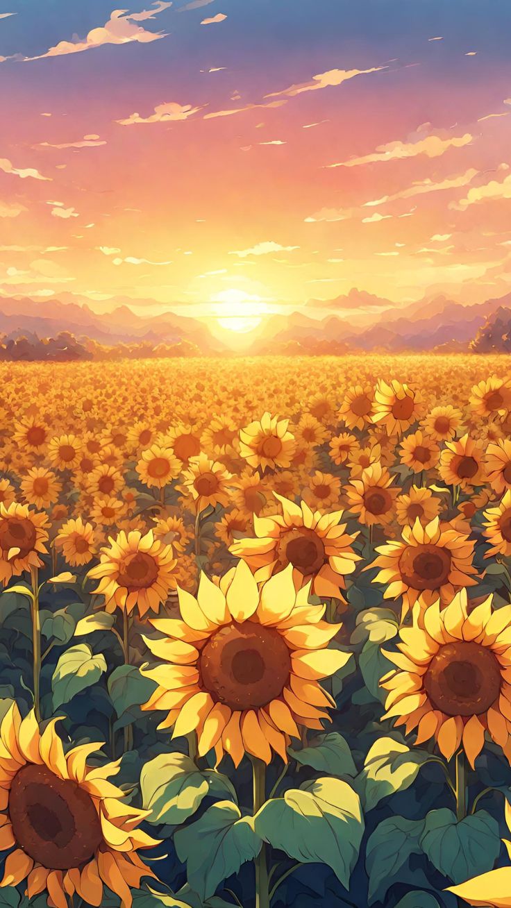 the sunflowers are blooming in the field at sunset