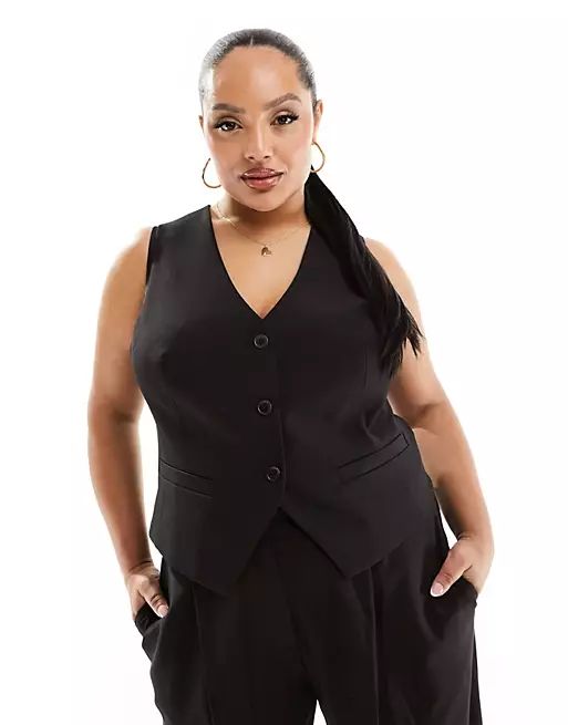 ASOS DESIGN Curve tailored vest in black | ASOS Classic V-neck Office Vest, Elegant V-neck Vest For Office Wear, Fitted V-neck Office Vest, Elegant Single Breasted V-neck Vest, Elegant Single-breasted V-neck Vest, V-neck Vest For Workwear, V-neck Vest With Button Closure For Business Casual, Single-breasted Button-up Vest For Work, Single-breasted Button-up Work Vest