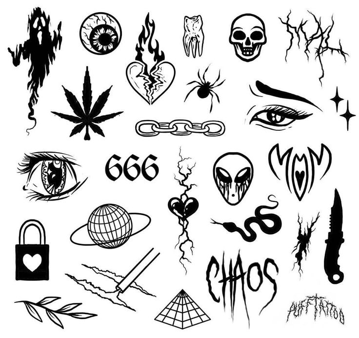 various tattoo designs and symbols are shown in black on the white background, including an eye,