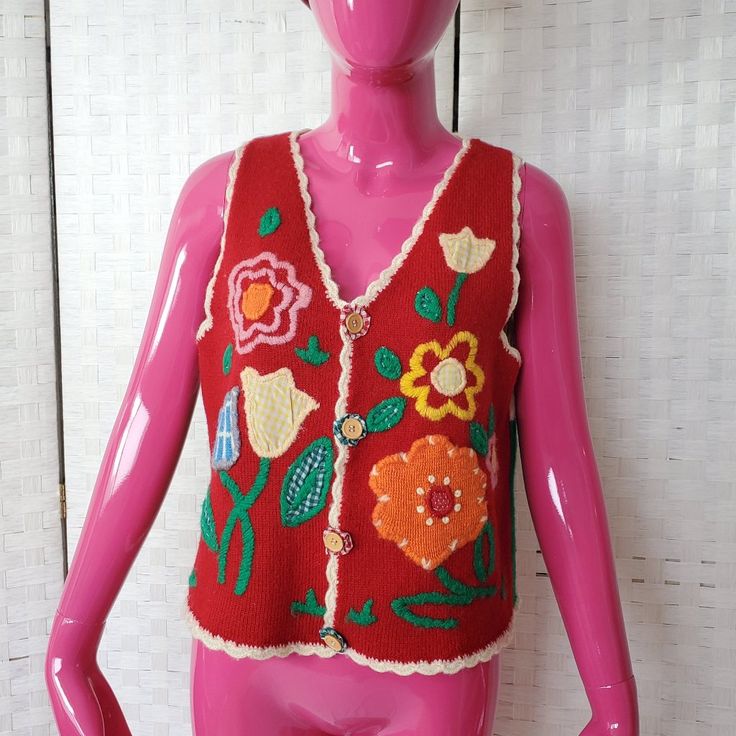 -Wool 100% Embroidered Floral Knit Cardigan -Never Worn. No Flaws -Size: Free Size (It's Asian Size But It Fits M) Cotton V-neck Sweater With Floral Embroidery, Red Vintage Cardigan For Spring, Vintage Red Cardigan For Spring, Red V-neck Sweater Vest For Spring, Embroidered Knit V-neck Cardigan, Embroidered V-neck Knit Cardigan, Fitted Embroidered Cotton Cardigan, Fitted Red Sweater Vest For Spring, Spring Wool Cardigan With Embroidery