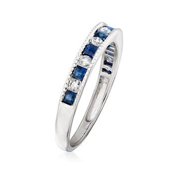 Ross-Simons - .50ct t. w. Sapphire, .22ct t. w. Diamond Ring in 14kt White Gold. Size 8. A beautiful September birthstone gift or the perfect ring for any sapphire lover! Alternating .50 ct. t. w. square sapphires and .22 ct. t. w. round brilliant-cut diamonds together create a stunning look! Set in polished 14kt white gold. 1/8" wide. Diamond and sapphire ring. Sapphire birthstones are the perfect gift for September birthdays. Diamond And Sapphire Ring, Blue Topaz Pendant Necklace, Sapphire Birthstone, Multi Gemstone Ring, Blue Topaz Bracelet, Lapis Ring, Fine Jewelery, Ring Sapphire, Sapphire And Diamond Ring