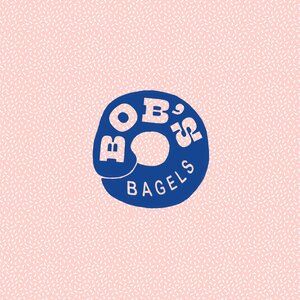 the logo for bob's bagels on a pink and blue background with leaves